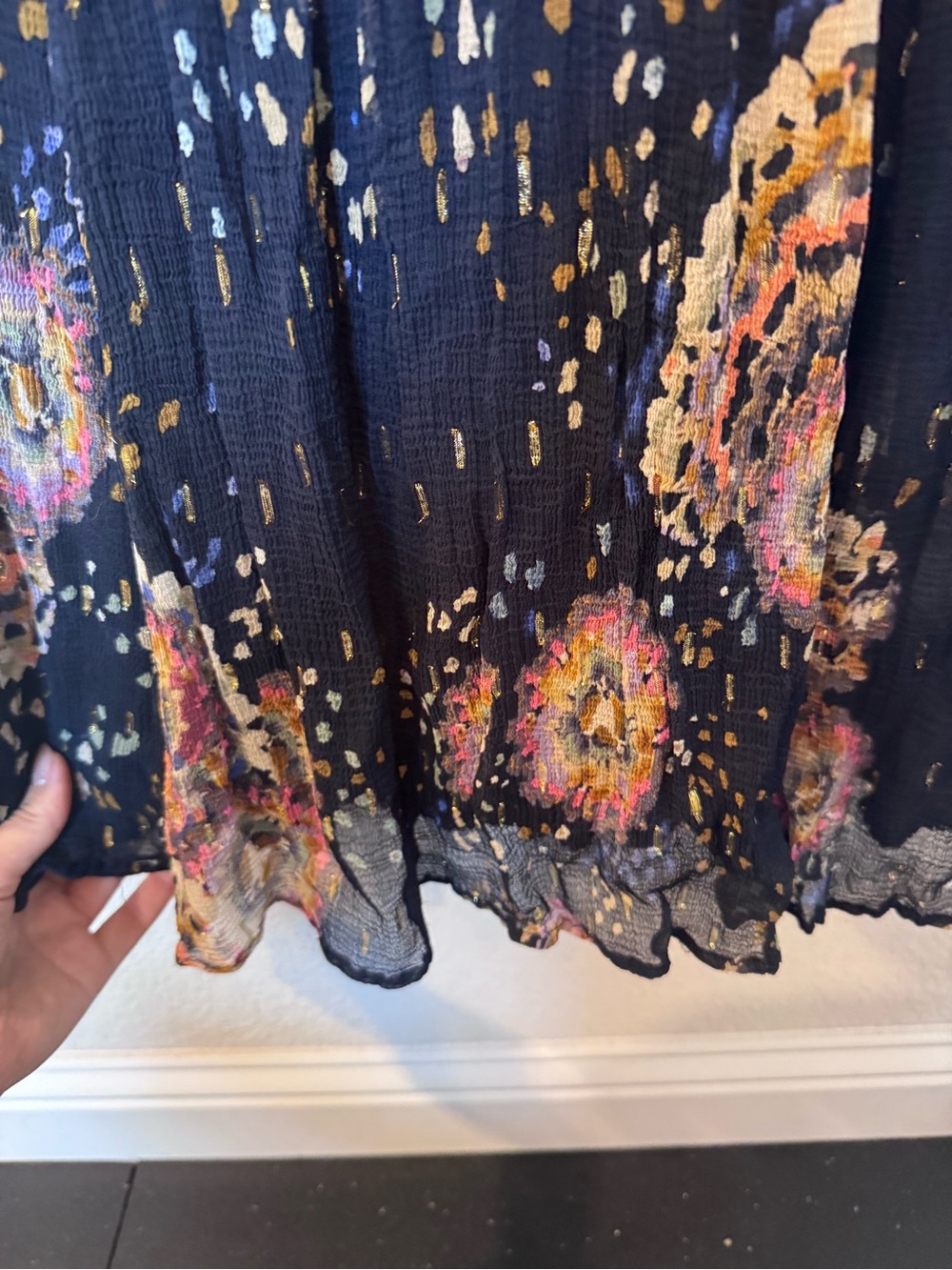 Anthropologie Small Boho Floral Sheer Sleeve Midi Dress Navy with pockets :) - Picture 6 of 15